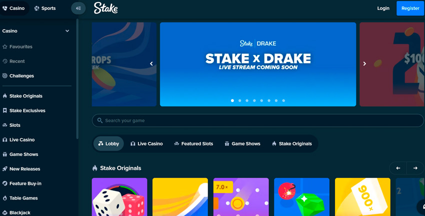 Selecting a section on the home page