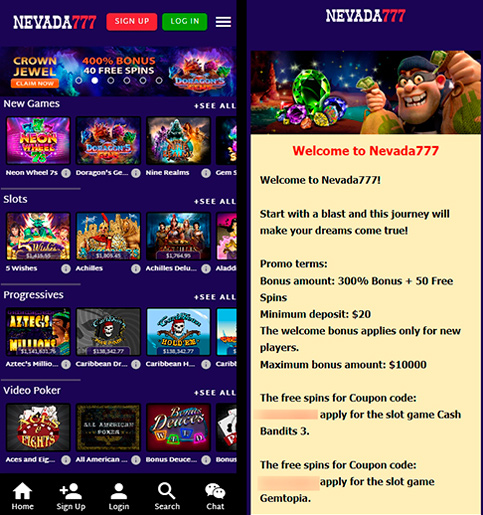 Interface of the casino website’s mobile version