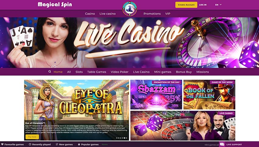 The casino’s homepage