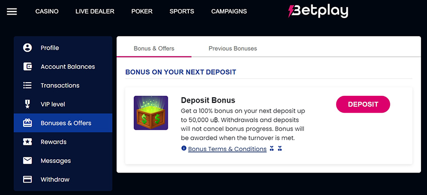 Welcome bonus for the first deposit