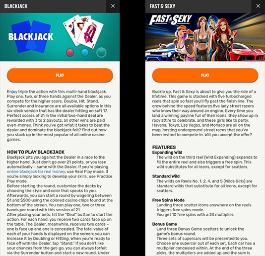 Games in the Ignition Casino mobile version