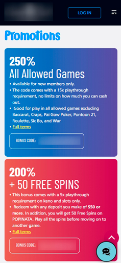 Bonuses section at a mobile casino
